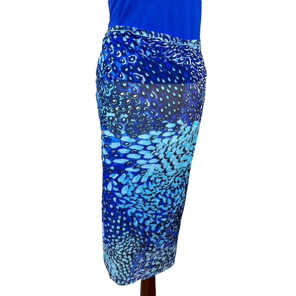 Women's Swim Coverup Long Sarong in Blue Print Sheer Waist Tie One Size